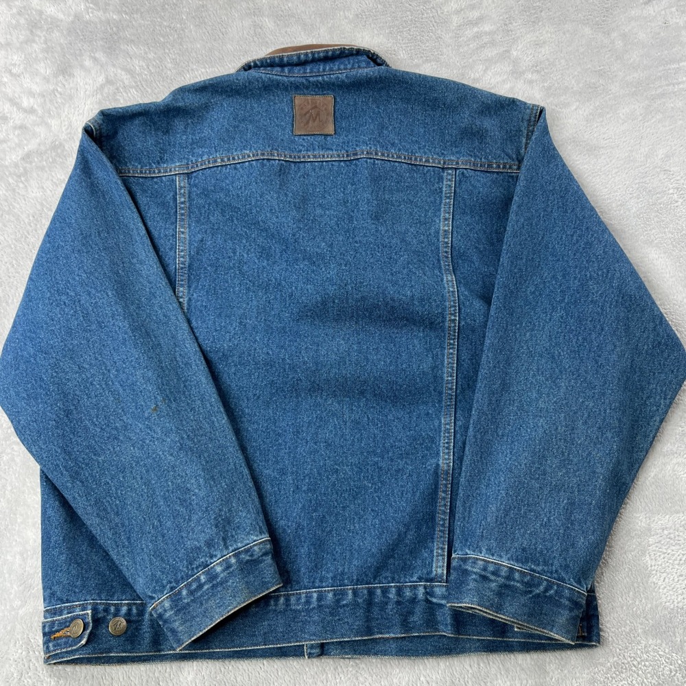 Marlboro Jacket L Vintage 90s Denim Trucker Leather Collar Flannel Lined Blue - Picture 11 of 13